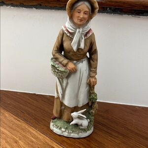 Homco Brown and White Lady with Basket Sculpture